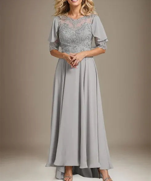 A-line Scoop Illusion Asymmetrical Chiffon Lace Mother of the Bride Dress With Beading