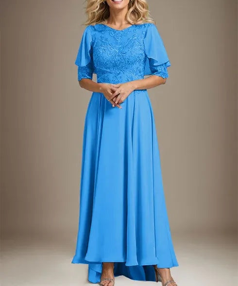 A-line Scoop Illusion Asymmetrical Chiffon Lace Mother of the Bride Dress With Beading