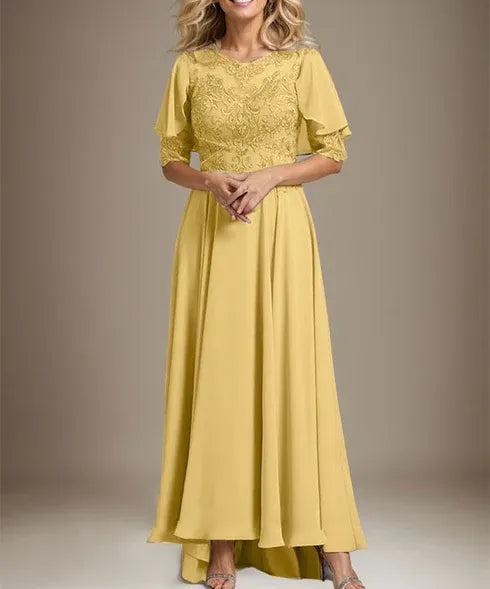 A-line Scoop Illusion Asymmetrical Chiffon Lace Mother of the Bride Dress With Beading