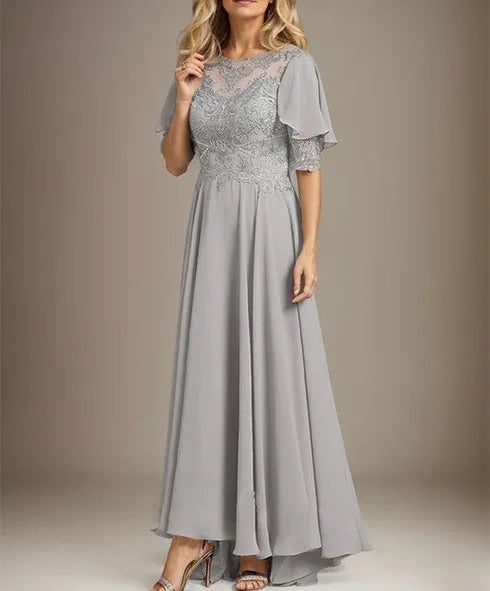 A-line Scoop Illusion Asymmetrical Chiffon Lace Mother of the Bride Dress With Beading