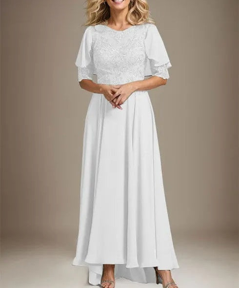 A-line Scoop Illusion Asymmetrical Chiffon Lace Mother of the Bride Dress With Beading
