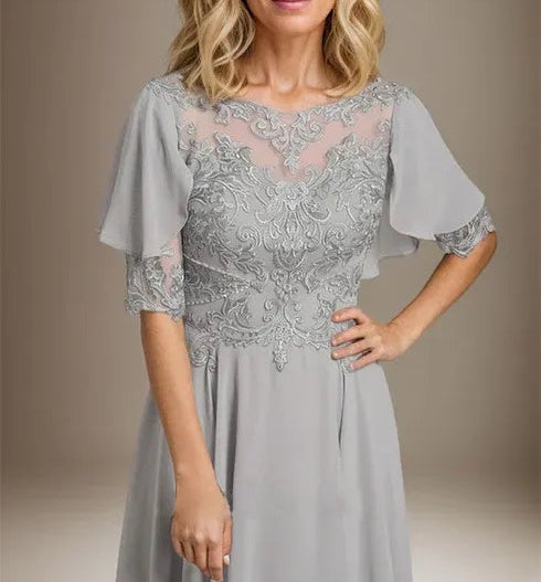 A-line Scoop Illusion Asymmetrical Chiffon Lace Mother of the Bride Dress With Beading