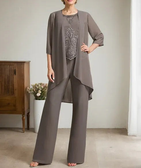 Separates Jumpsuit/Pantsuit Scoop Floor-Length Chiffon Lace Mother of the Bride Dress With Beading Sequins