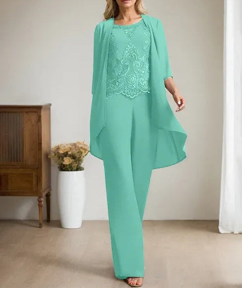 Separates Jumpsuit/Pantsuit Scoop Floor-Length Chiffon Lace Mother of the Bride Dress With Beading Sequins