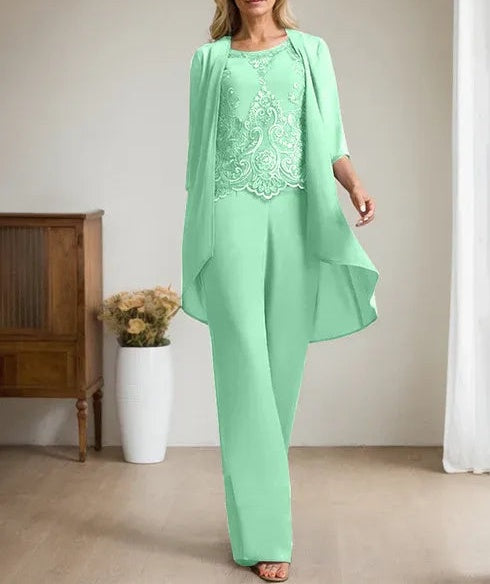 Separates Jumpsuit/Pantsuit Scoop Floor-Length Chiffon Lace Mother of the Bride Dress With Beading Sequins