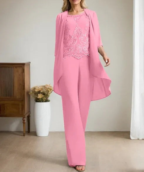 Separates Jumpsuit/Pantsuit Scoop Floor-Length Chiffon Lace Mother of the Bride Dress With Beading Sequins