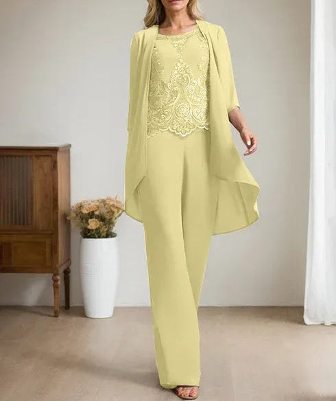 Separates Jumpsuit/Pantsuit Scoop Floor-Length Chiffon Lace Mother of the Bride Dress With Beading Sequins