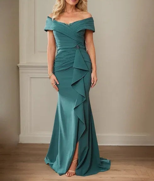 Sheath/Column V-Neck Illusion Floor-Length Lace Chiffon Mother of the Bride Dress With Pleated Sequins