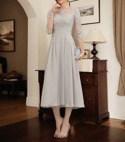 A-line Scoop Illusion Tea-Length Chiffon Lace Mother of the Bride Dress With Beading Sequins