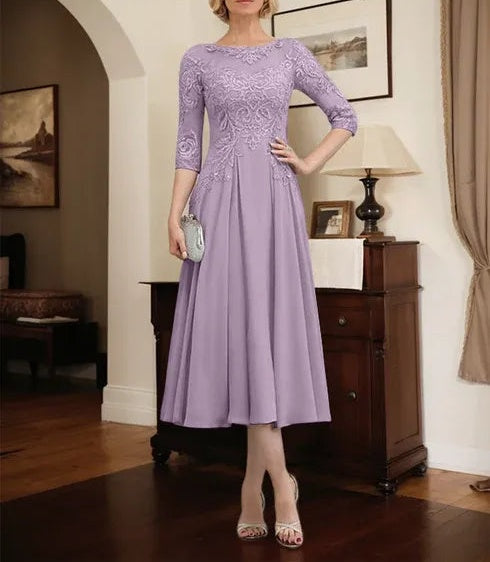 A-line Scoop Illusion Tea-Length Chiffon Lace Mother of the Bride Dress With Beading Sequins