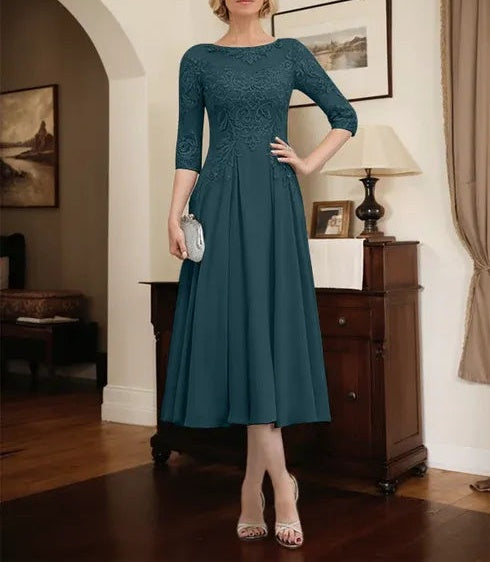 A-line Scoop Illusion Tea-Length Chiffon Lace Mother of the Bride Dress With Beading Sequins
