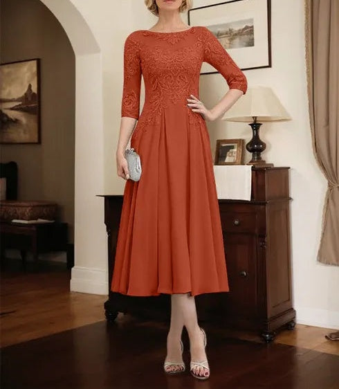 A-line Scoop Illusion Tea-Length Chiffon Lace Mother of the Bride Dress With Beading Sequins