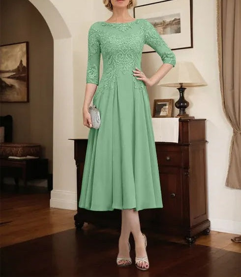 A-line Scoop Illusion Tea-Length Chiffon Lace Mother of the Bride Dress With Beading Sequins