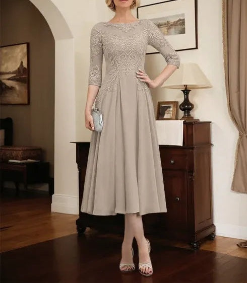 A-line Scoop Illusion Tea-Length Chiffon Lace Mother of the Bride Dress With Beading Sequins