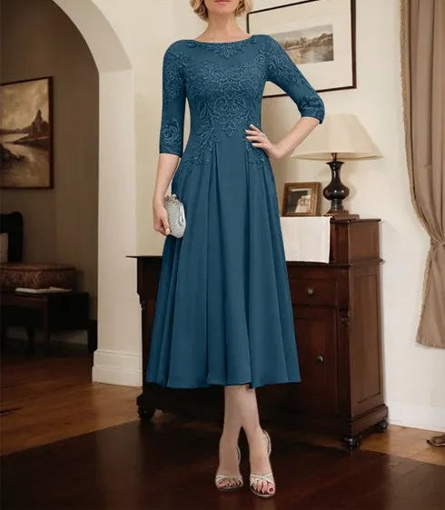 A-line Scoop Illusion Tea-Length Chiffon Lace Mother of the Bride Dress With Beading Sequins