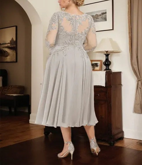 A-line Scoop Illusion Tea-Length Chiffon Lace Mother of the Bride Dress With Beading Sequins