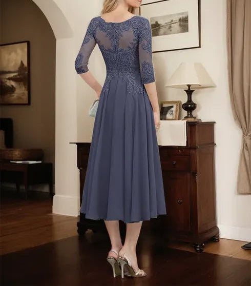 A-line Scoop Illusion Tea-Length Chiffon Lace Mother of the Bride Dress With Beading Sequins