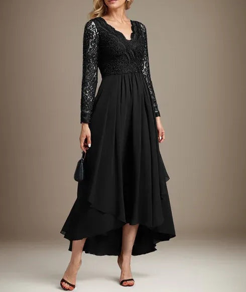 A-line V-Neck Asymmetrical Lace Chiffon Mother of the Bride Dress