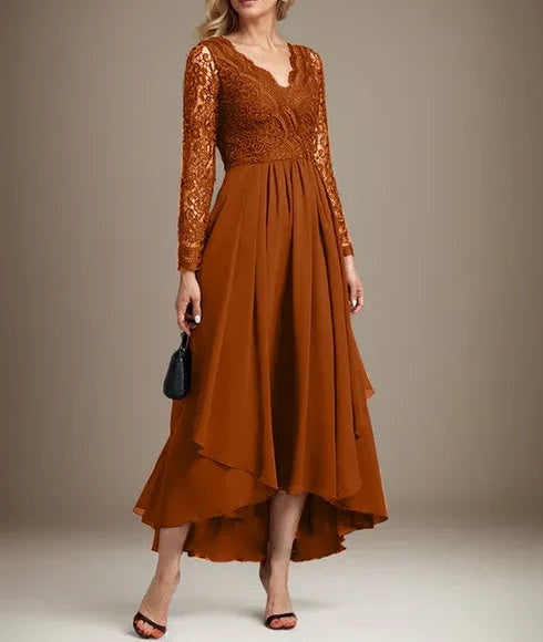 A-line V-Neck Asymmetrical Lace Chiffon Mother of the Bride Dress