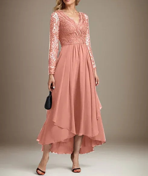 A-line V-Neck Asymmetrical Lace Chiffon Mother of the Bride Dress