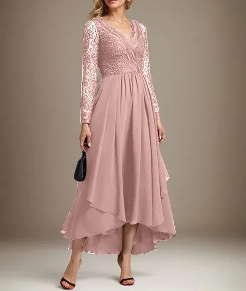 A-line V-Neck Asymmetrical Lace Chiffon Mother of the Bride Dress