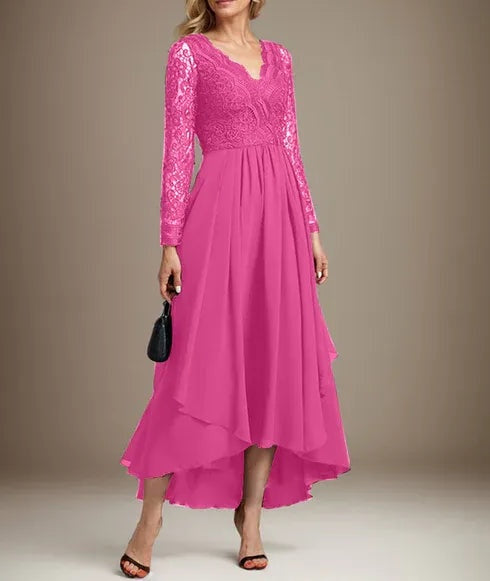 A-line V-Neck Asymmetrical Lace Chiffon Mother of the Bride Dress