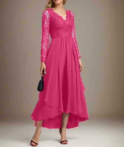 A-line V-Neck Asymmetrical Lace Chiffon Mother of the Bride Dress