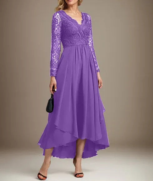 A-line V-Neck Asymmetrical Lace Chiffon Mother of the Bride Dress