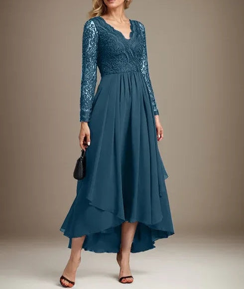 A-line V-Neck Asymmetrical Lace Chiffon Mother of the Bride Dress