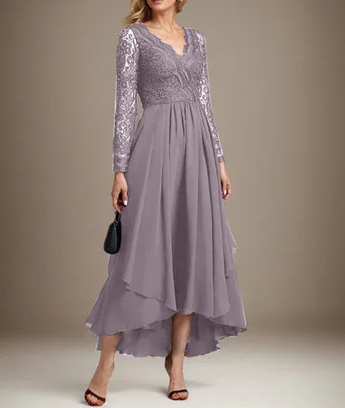 A-line V-Neck Asymmetrical Lace Chiffon Mother of the Bride Dress