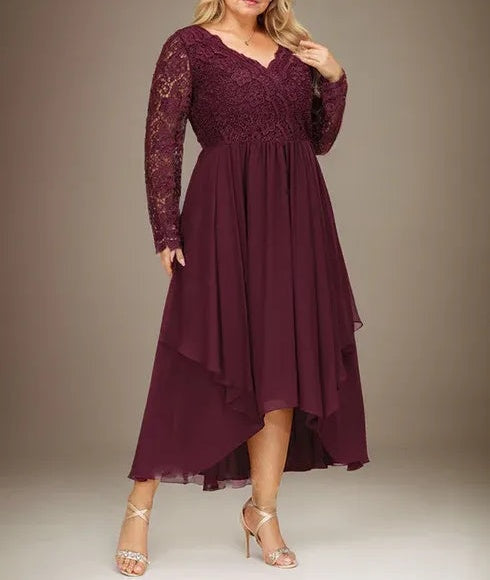 A-line V-Neck Asymmetrical Lace Chiffon Mother of the Bride Dress