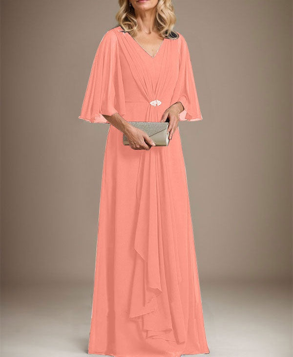 A-line V-Neck Floor-Length Chiffon Mother of the Bride Dress With Cascading Ruffles Crystal Brooch