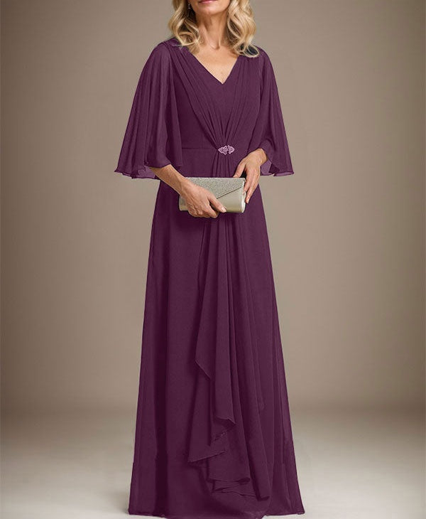 A-line V-Neck Floor-Length Chiffon Mother of the Bride Dress With Cascading Ruffles Crystal Brooch