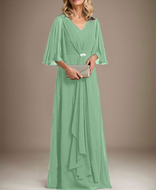 A-line V-Neck Floor-Length Chiffon Mother of the Bride Dress With Cascading Ruffles Crystal Brooch