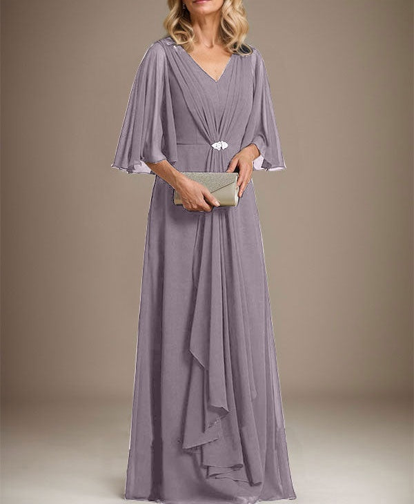 A-line V-Neck Floor-Length Chiffon Mother of the Bride Dress With Cascading Ruffles Crystal Brooch