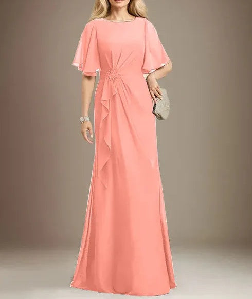 A-line Scoop Floor-Length Chiffon Mother of the Bride Dress With Cascading Ruffles Beading Sequins