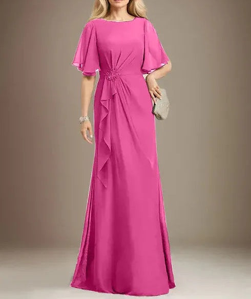 A-line Scoop Floor-Length Chiffon Mother of the Bride Dress With Cascading Ruffles Beading Sequins