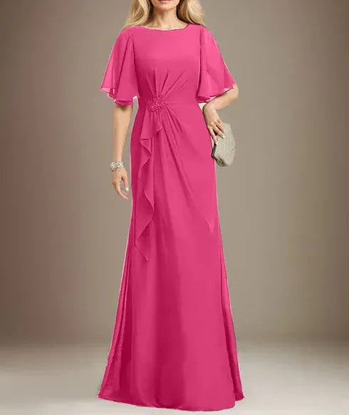 A-line Scoop Floor-Length Chiffon Mother of the Bride Dress With Cascading Ruffles Beading Sequins