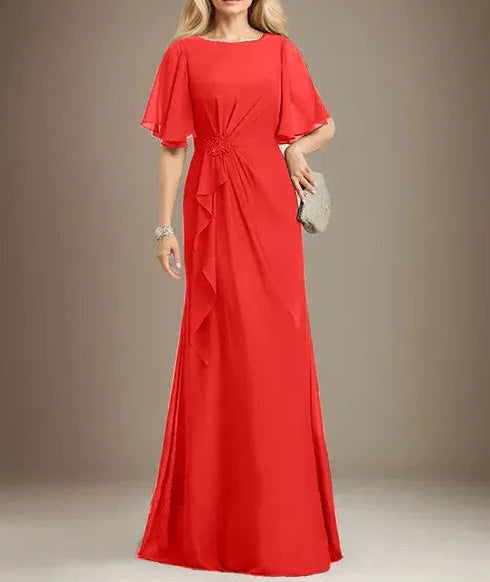 A-line Scoop Floor-Length Chiffon Mother of the Bride Dress With Cascading Ruffles Beading Sequins