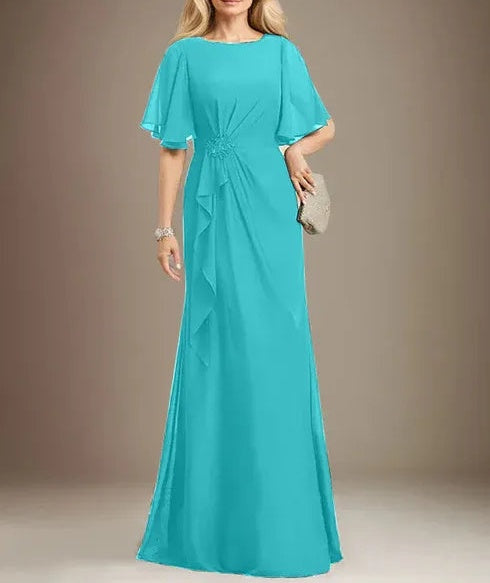 A-line Scoop Floor-Length Chiffon Mother of the Bride Dress With Cascading Ruffles Beading Sequins