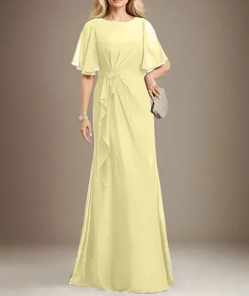 A-line Scoop Floor-Length Chiffon Mother of the Bride Dress With Cascading Ruffles Beading Sequins