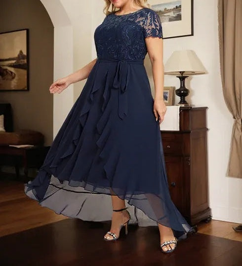 A-line Scoop Illusion Asymmetrical Chiffon Lace Mother of the Bride Dress With Bow Ruffle Sequins