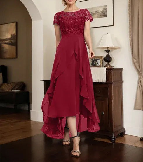 A-line Scoop Illusion Asymmetrical Chiffon Lace Mother of the Bride Dress With Bow Ruffle Sequins