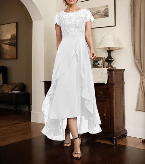 A-line Scoop Illusion Asymmetrical Chiffon Lace Mother of the Bride Dress With Bow Ruffle Sequins
