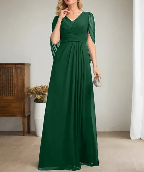 Dark Navy A-Line V-Neck Long Mother of Bride Dress