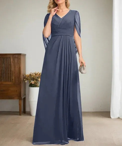 Dark Navy A-Line V-Neck Long Mother of Bride Dress