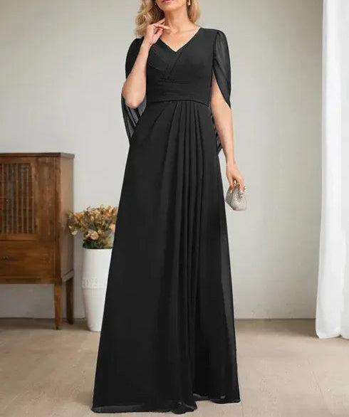 Dark Navy A-Line V-Neck Long Mother of Bride Dress