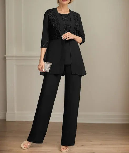 Jumpsuit/Pantsuit Separates Scoop Floor-Length Chiffon Lace Mother of the Bride Dress With Sequins