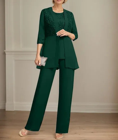 Jumpsuit/Pantsuit Separates Scoop Floor-Length Chiffon Lace Mother of the Bride Dress With Sequins
