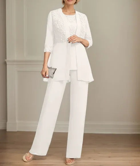 Jumpsuit/Pantsuit Separates Scoop Floor-Length Chiffon Lace Mother of the Bride Dress With Sequins